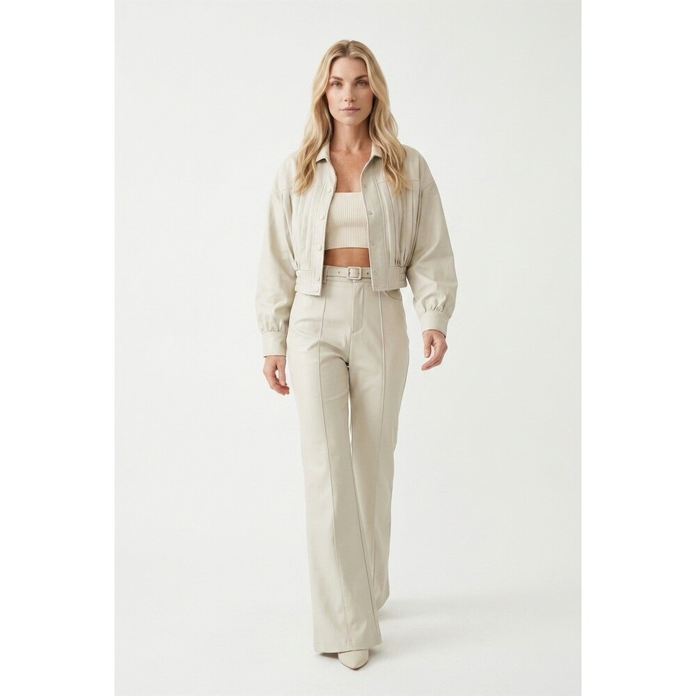 Mulla Suit Set Womens Size M light gray 3-Piece Cropped Jacket Flare Pants Belt - Picture 5 of 5